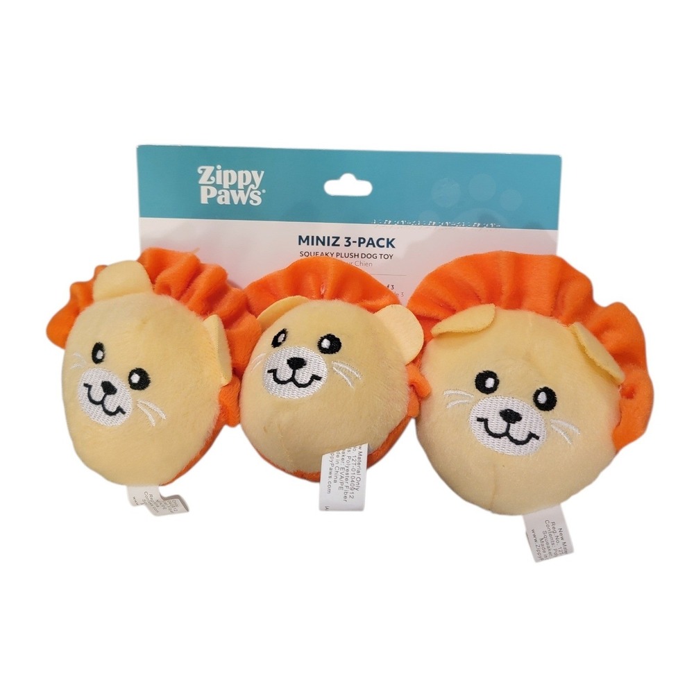 Zippy Paws Mini Dog Toy‎ Squeaky Plush Lion Head 3 Pack